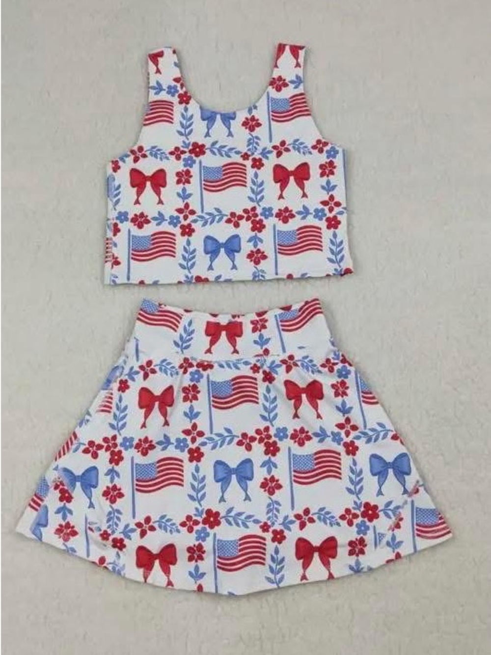 Girls Red & Blue Flag Print Matching Set - Crop Tank & Skirt